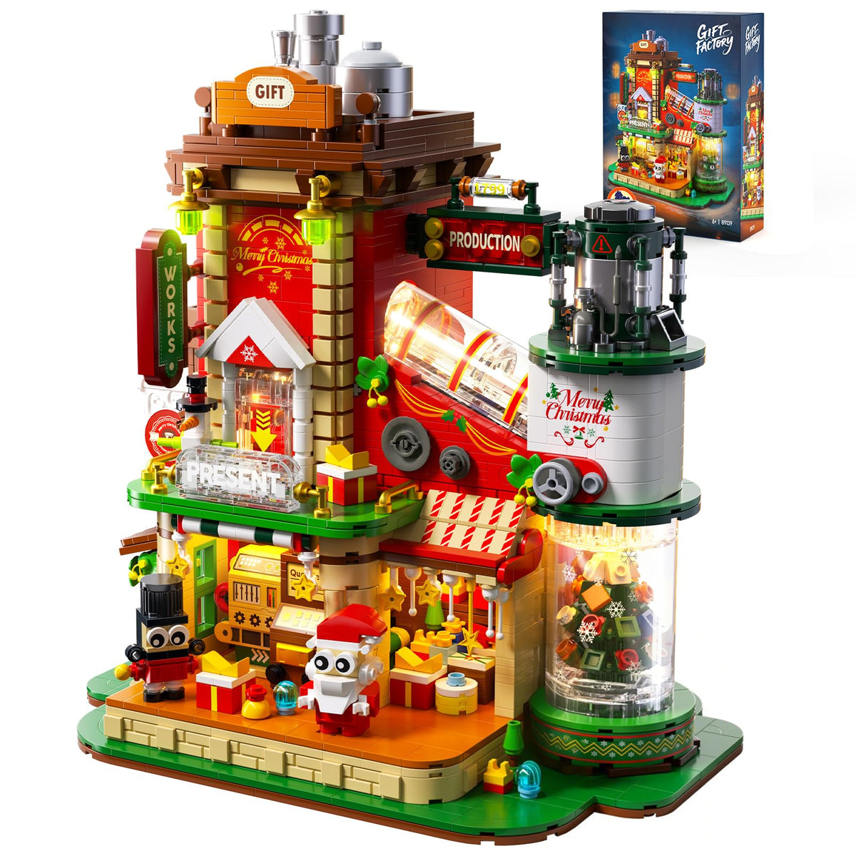 QiqoPoyee Christmas Factory Building Blocks with illuminated assembly line for festive display.