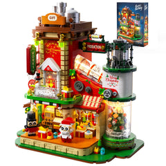 QiqoPoyee Christmas Factory Building Blocks with illuminated assembly line for festive display.