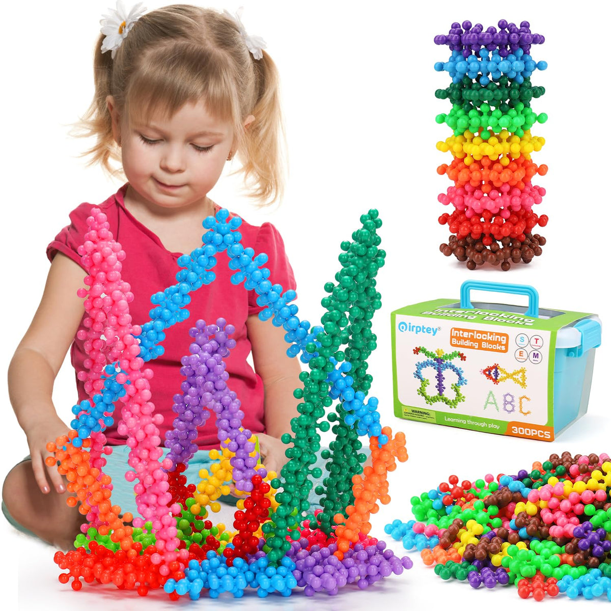 Qirptey 300-piece discs for STEM play supporting creativity and problem solving.