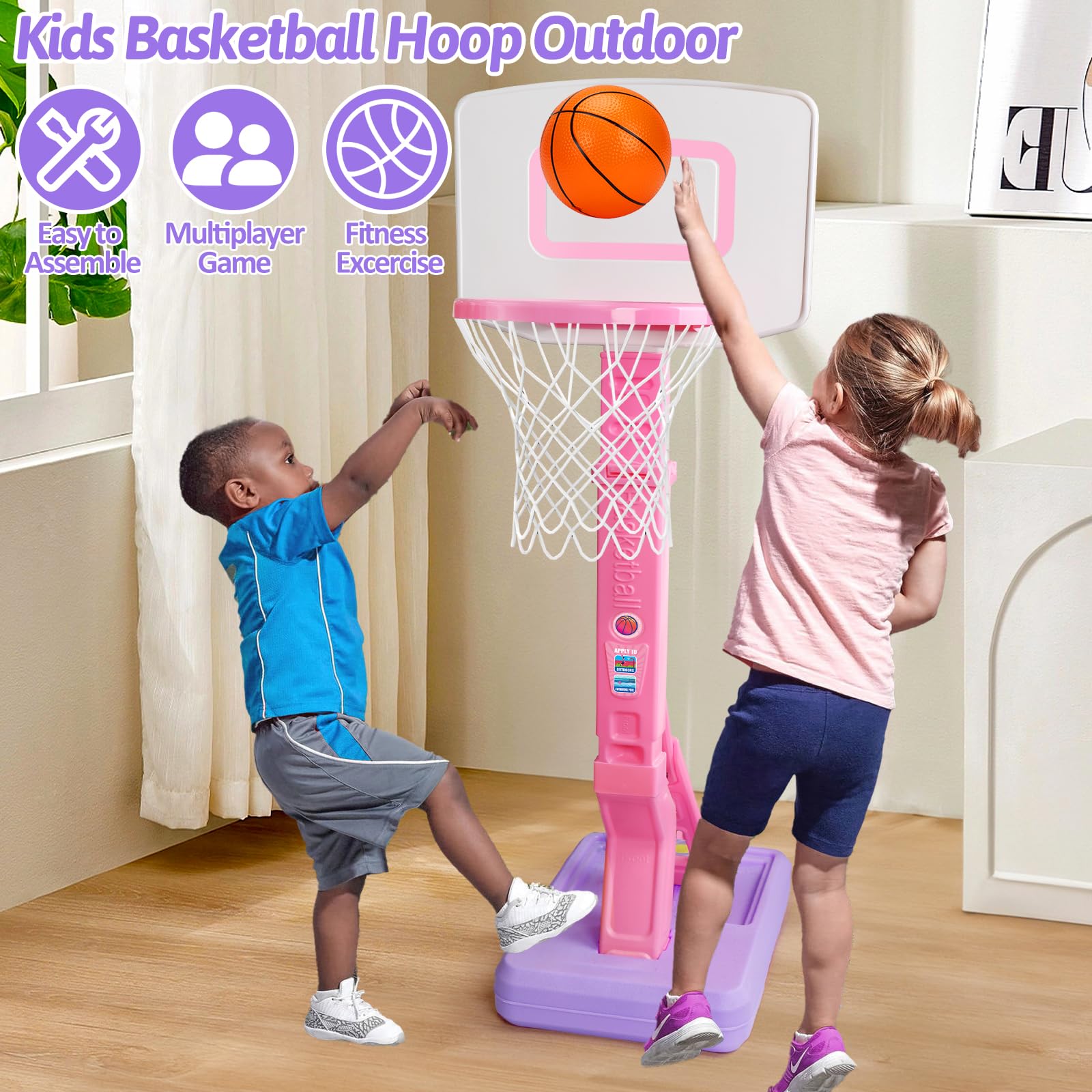Qirptey adjustable-height hoop from 2.3 to 4.5 feet for growing kids.