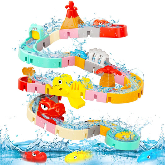Qirptey dinosaur bath tracks assembly for imaginative tub play.