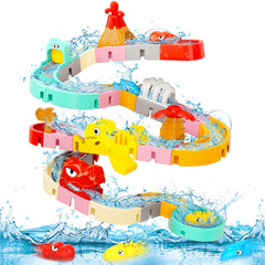 Qirptey dinosaur bath tracks assembly for imaginative tub play.