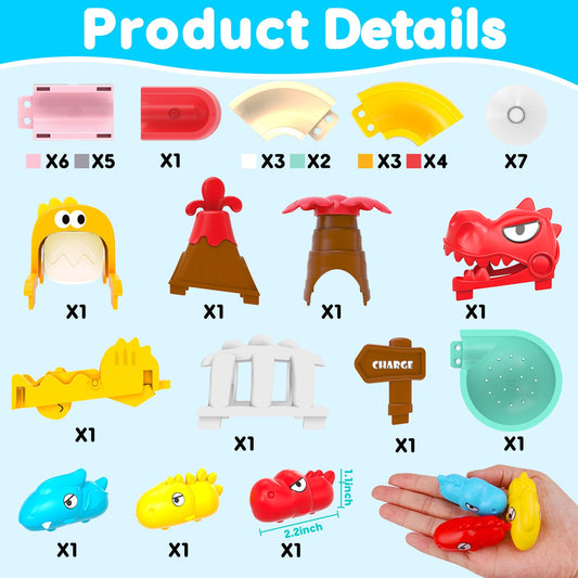 Qirptey dinosaur slide car gliding along water tracks in tub.