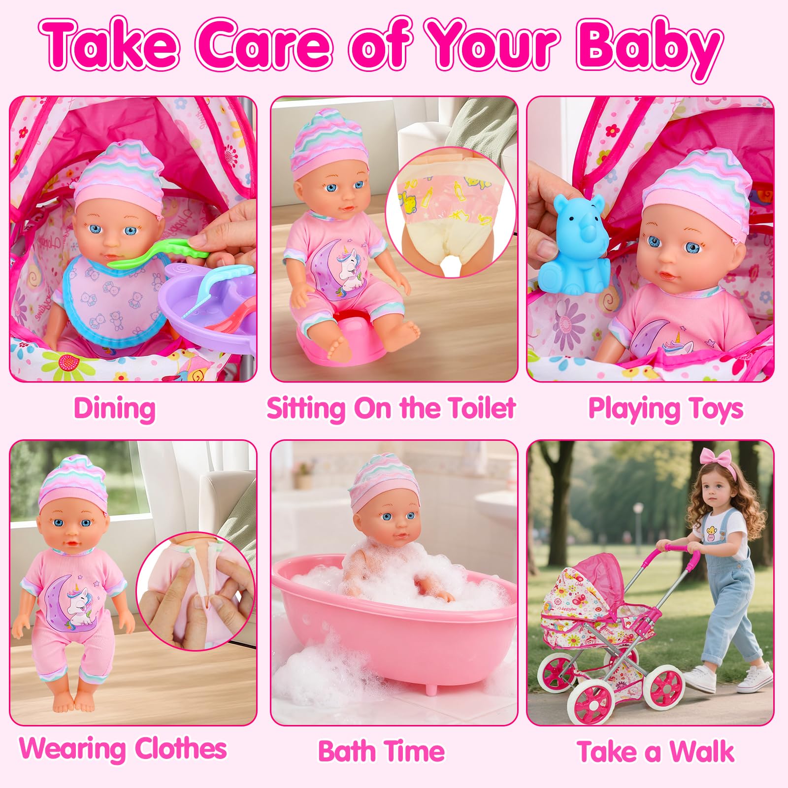 Qirptey Folding sun canopy stroller – allows outdoor pretend play.