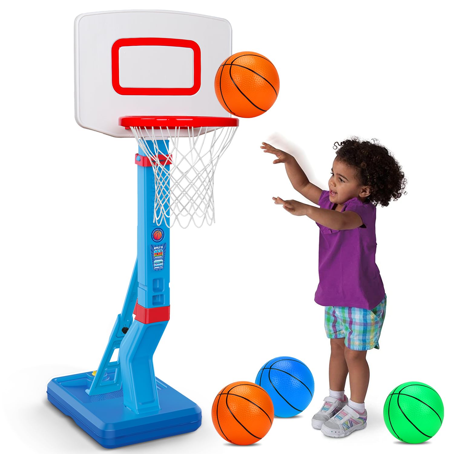Qirptey toddler basketball hoop pool setup enhances water play and coordination.