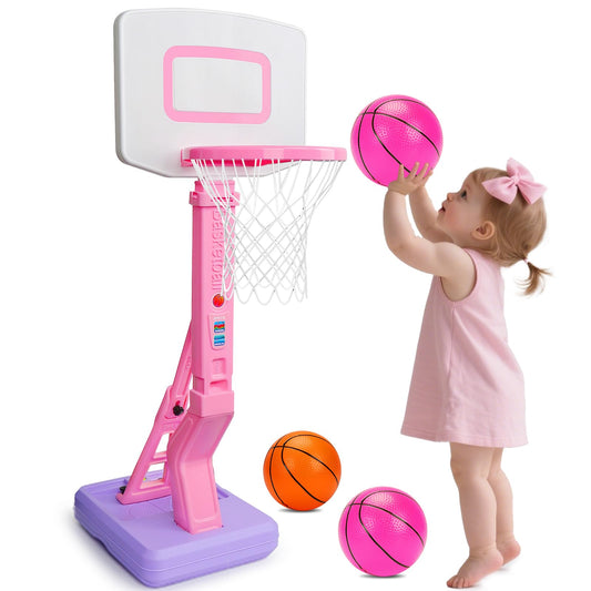 Qirptey toddler pink mini basketball hoop for indoor or outdoor play, portable and easy setup.
