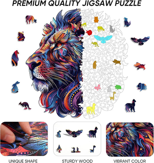 Qiuenisray lion-puzzle-assembly-closeup highlights precision-fit laser-cut pieces.