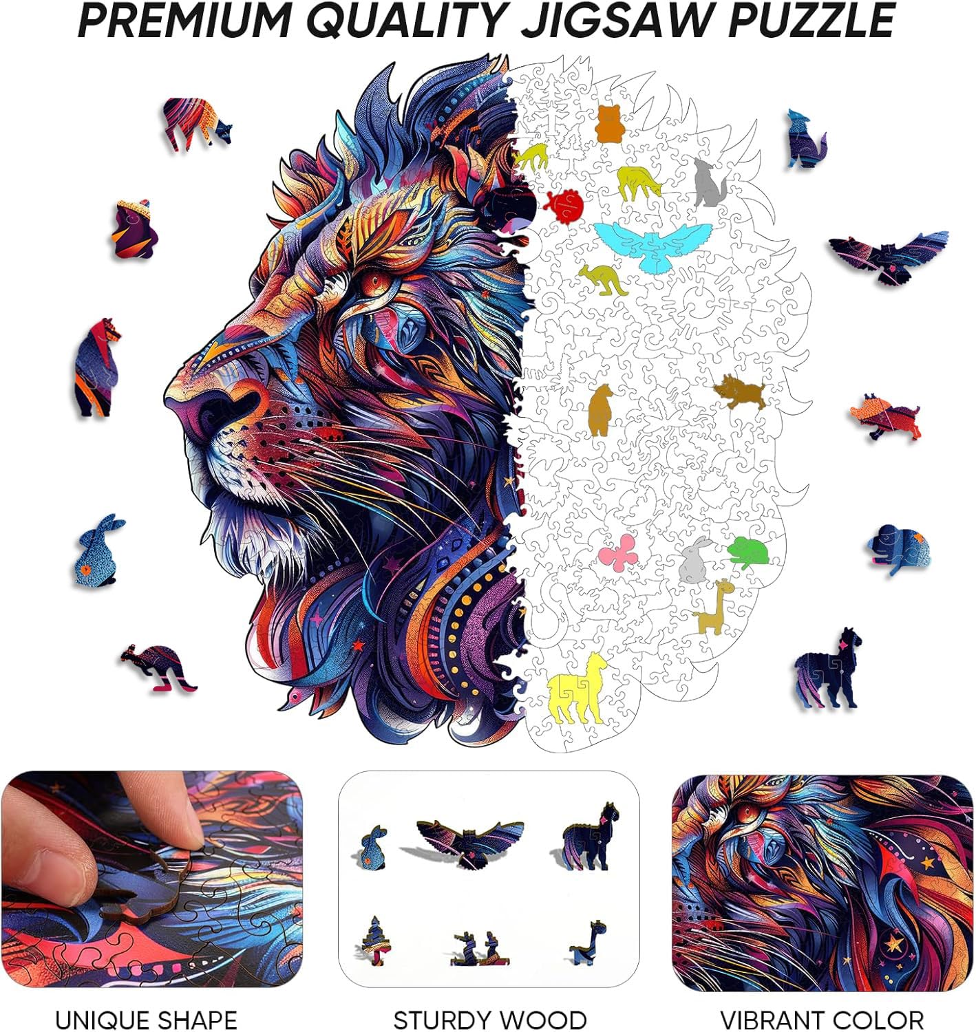 Qiuenisray lion-puzzle-assembly-closeup highlights precision-fit laser-cut pieces.