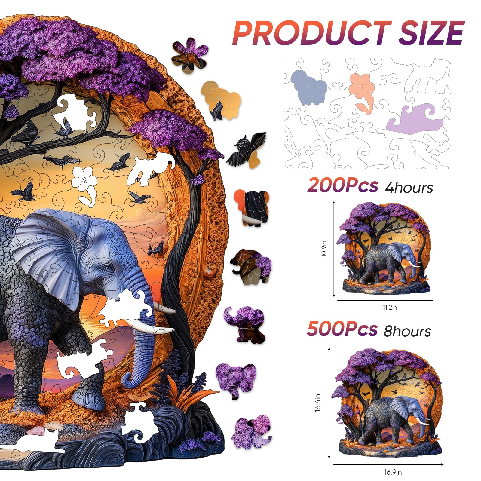 Qiuenisray wooden puzzle 3D vision elephant forest close-up laser-cut detail enhances precision