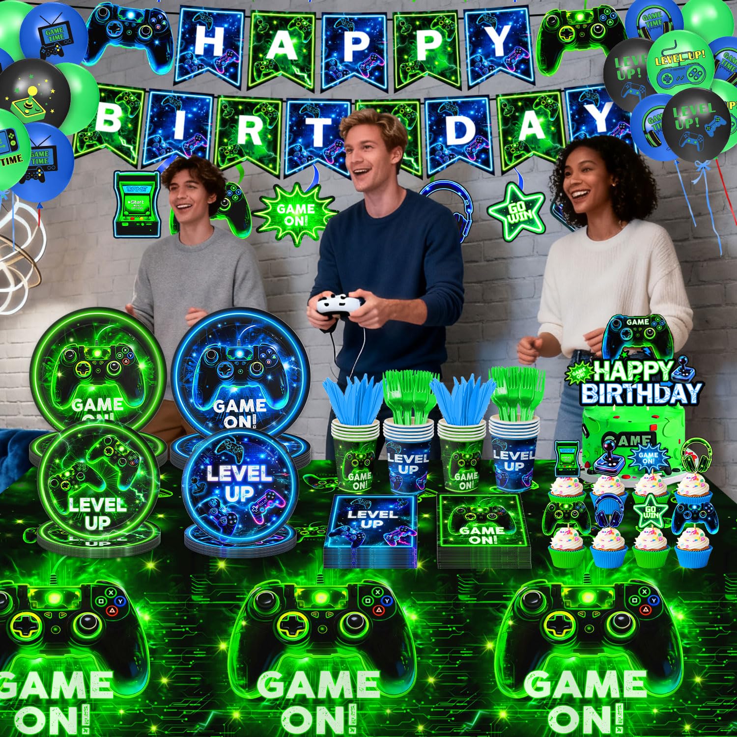 QIYANPAX neon game banner ties the party theme together.
