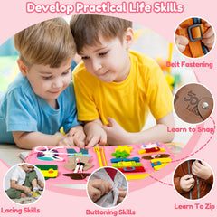 Qizfun dinosaur busy board lacing activity improves grip strength and concentration.