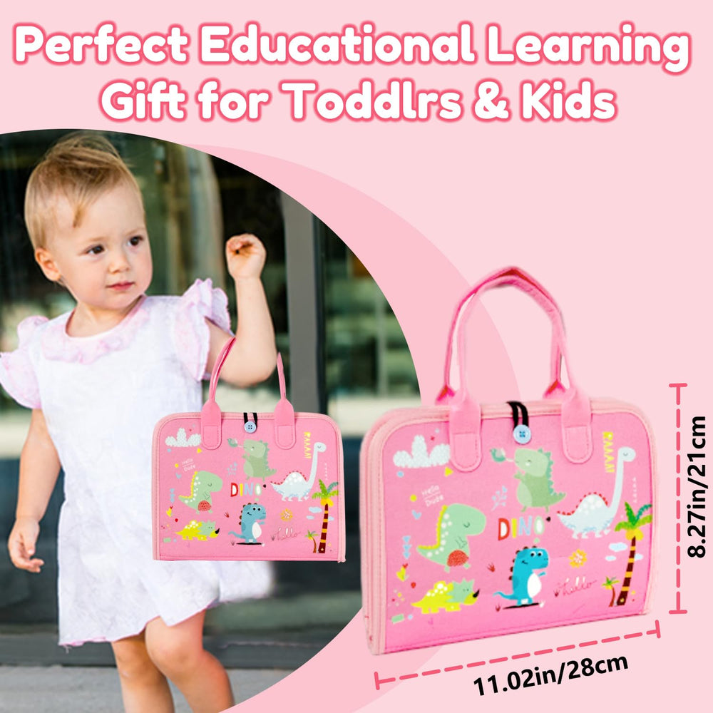 Qizfun dinosaur busy board travel-friendly size fits bags for car and plane entertainment.