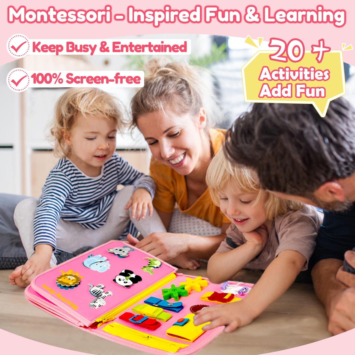 Qizfun dinosaur busy board zipper activity supports tactile play and problem-solving.