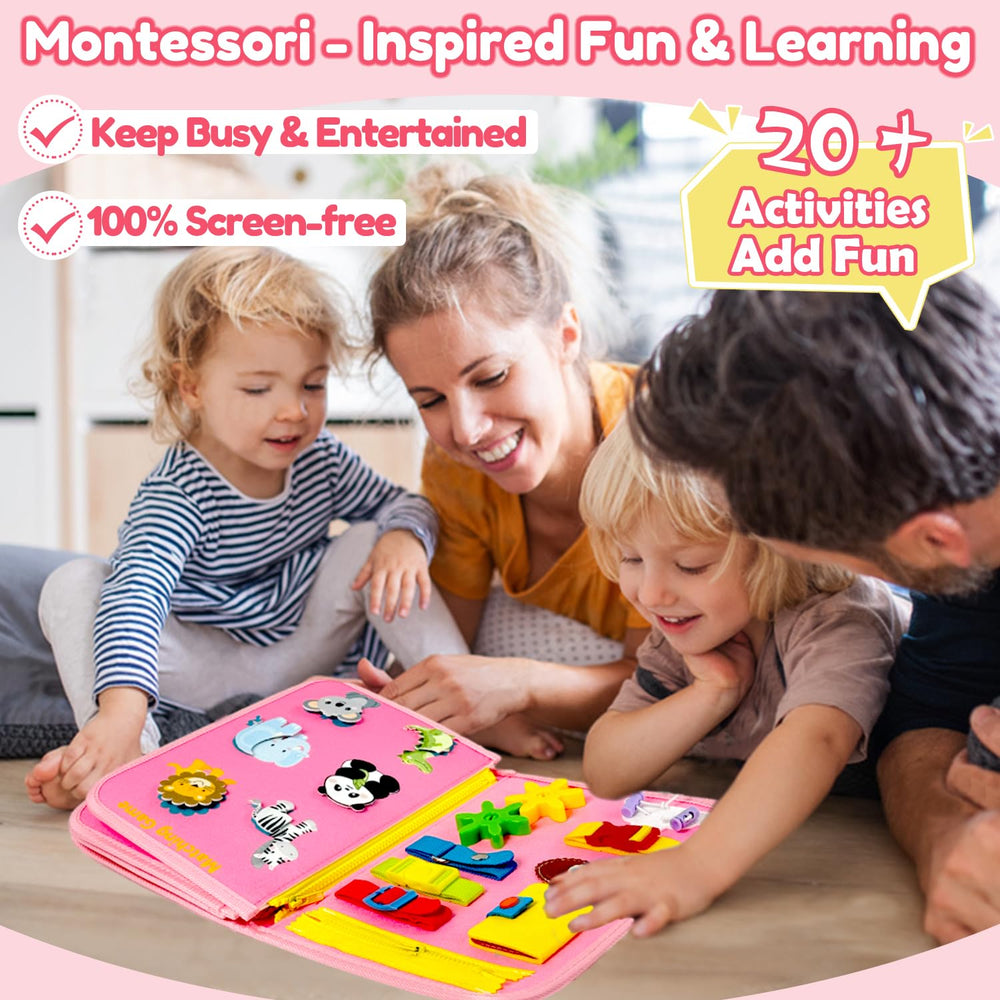 Qizfun dinosaur busy board zipper activity supports tactile play and problem-solving.