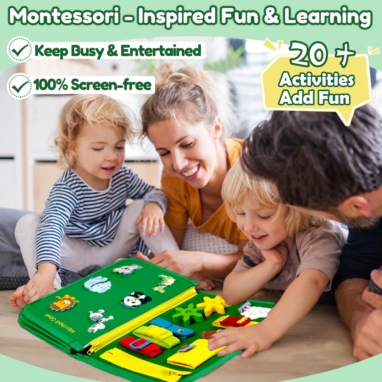 Qizfun dinosaur-theme busy board activity supports imaginative play and fine motor skills