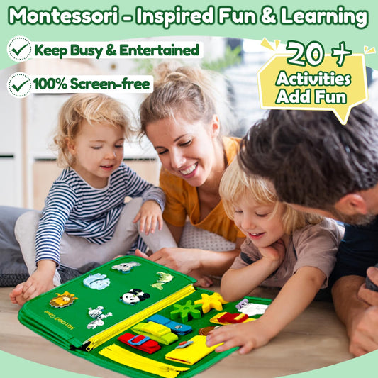 Qizfun dinosaur-theme busy board activity supports imaginative play and fine motor skills