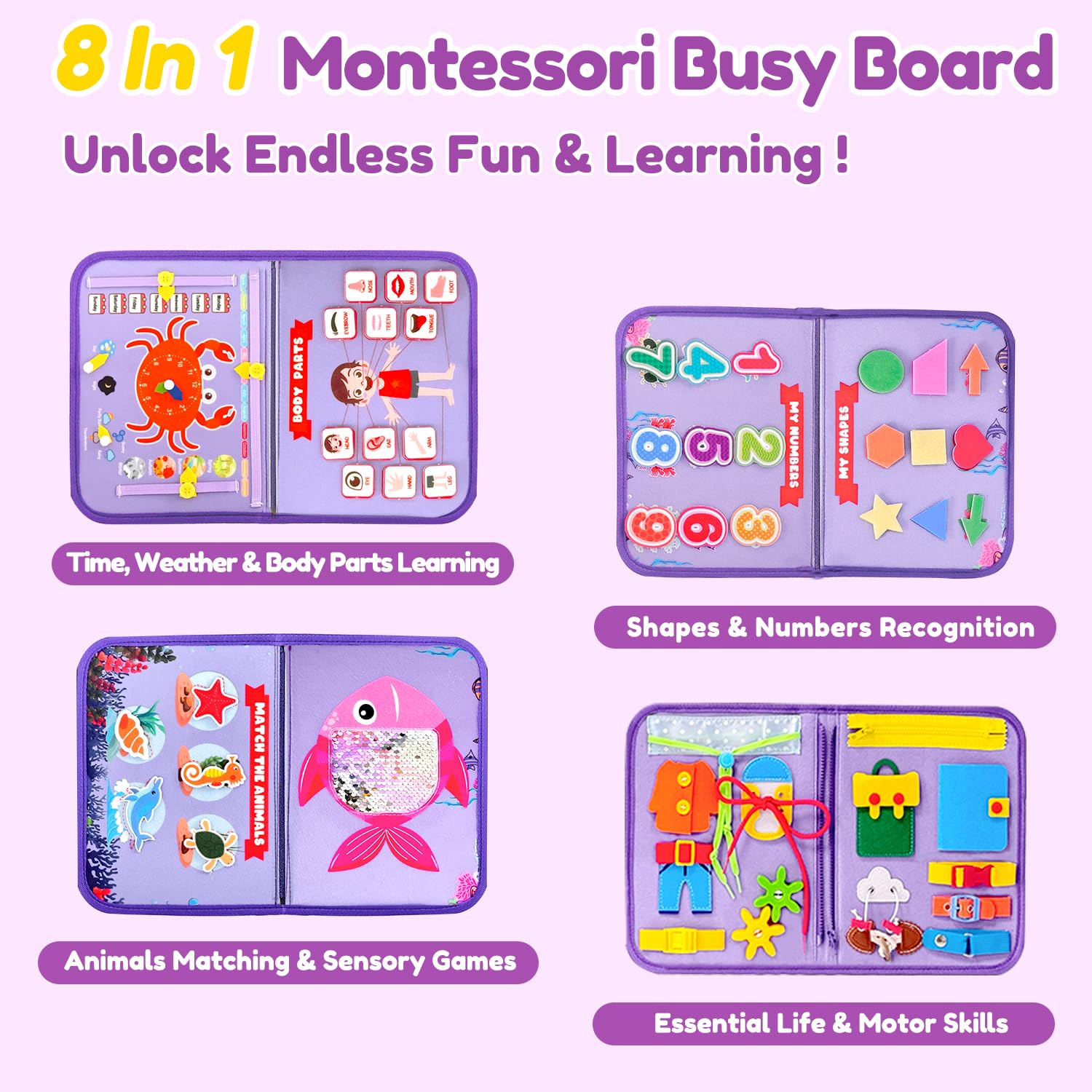 Qizfun Mermaid Busy Board buttoning activity boosts toddler dexterity during play.