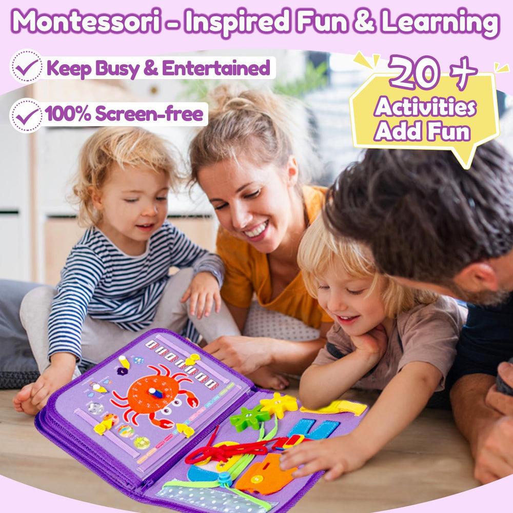 Qizfun Mermaid Busy Board lacing activity strengthens hand-eye coordination.