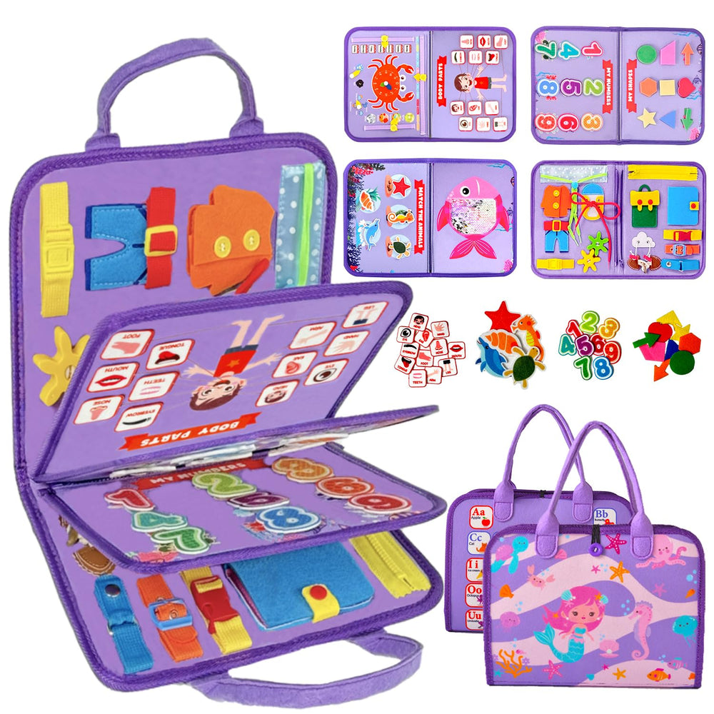 Qizfun Mermaid Busy Board zipper activity enhances fine motor skills on the go.