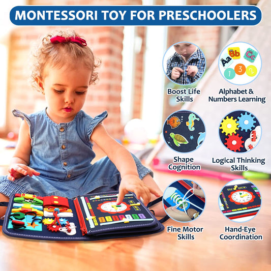 Qizfun Busy Board button activity supports hand-eye coordination and tactile exploration.
