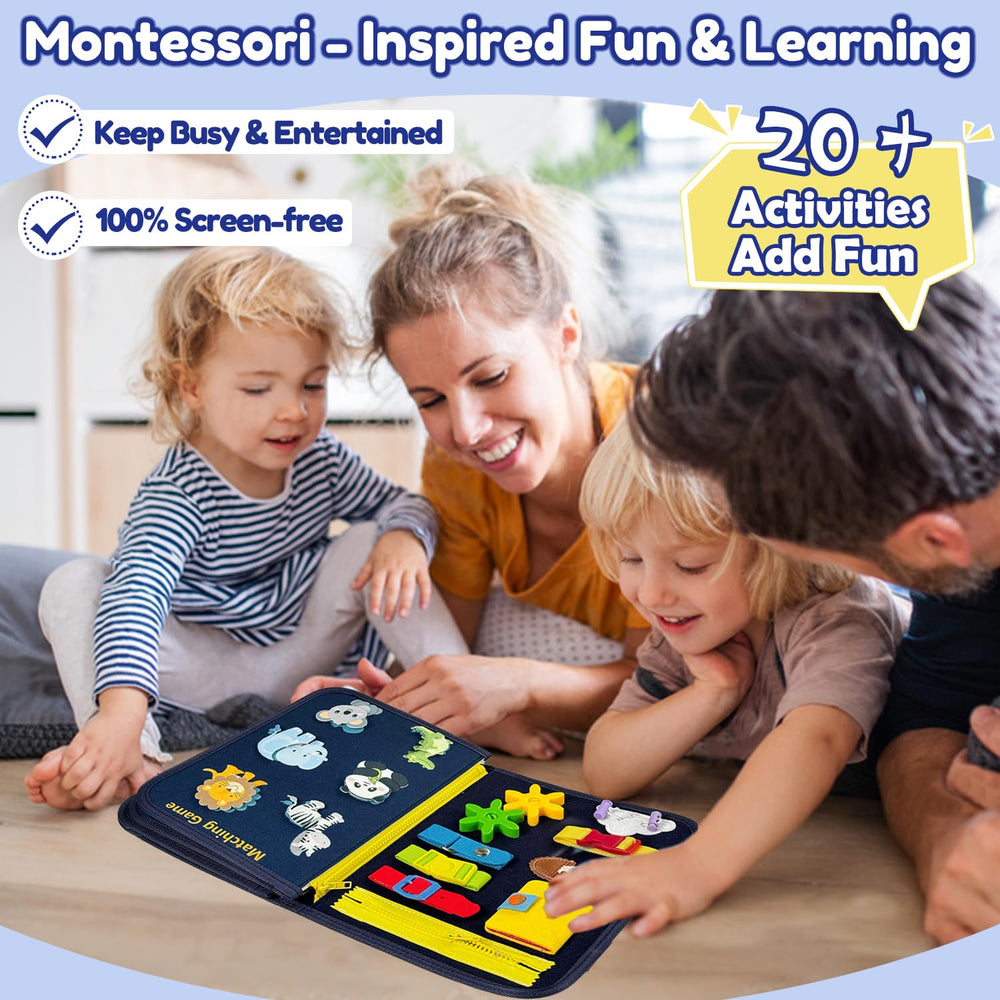 Qizfun Montessori busy book, blue travel toy, supports independent learning during flights and road trips.