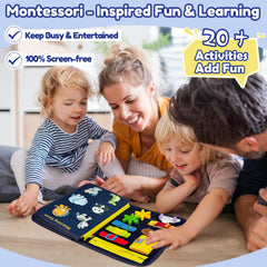 Qizfun Montessori busy book, blue travel toy, supports independent learning during flights and road trips.