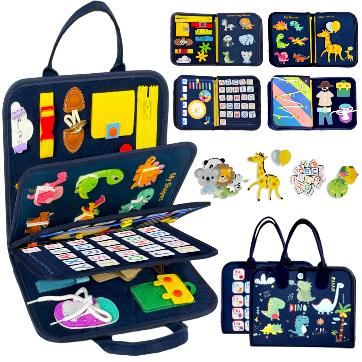 Qizfun Toddler Busy Board 8-Page Dinosaur, blue color, enhances fine motor skills on the go.