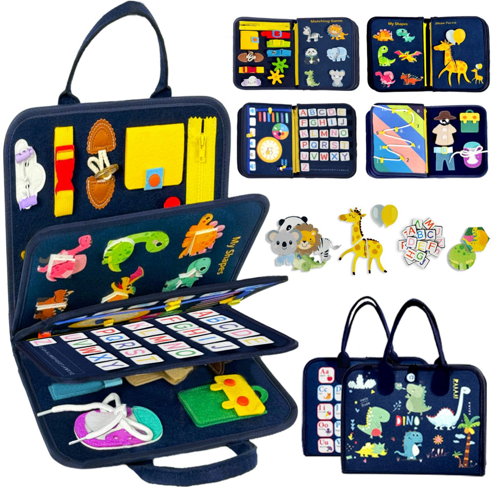Qizfun Toddler Busy Board 8-Page Dinosaur, blue color, enhances fine motor skills on the go.