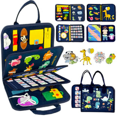 Qizfun Toddler Busy Board 8-Page Dinosaur, blue color, enhances fine motor skills on the go.