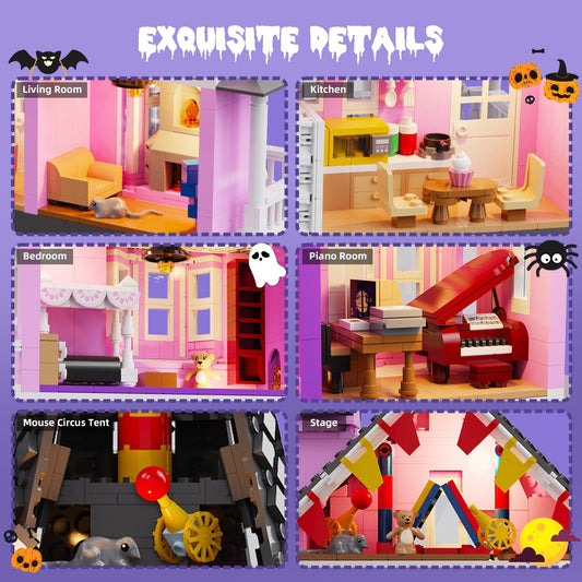 QJYAMK haunted three-story castle interior with lit rooms for immersive play.