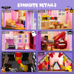 QJYAMK haunted three-story castle interior with lit rooms for immersive play.