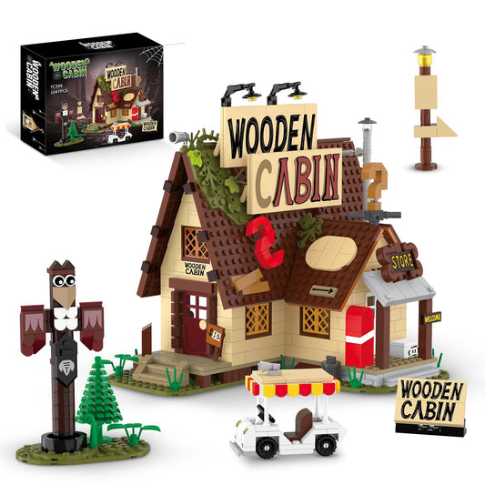 QJYAMK House Mini Building Set with LED Light shows the cabin glow for display.