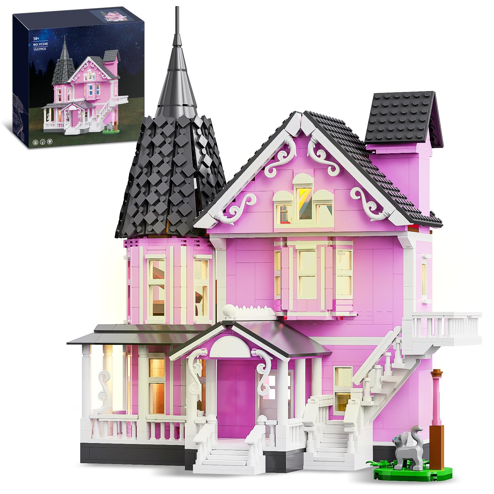 QJYAMK pink girls house with light exterior for display and carved details.