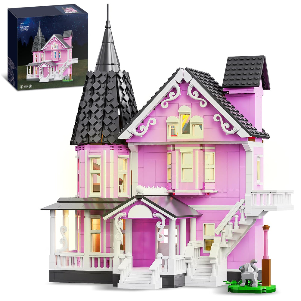 QJYAMK pink girls house with light exterior for display and carved details.