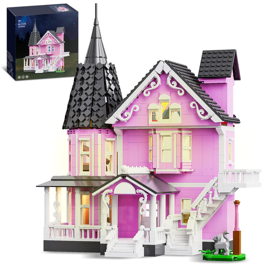 QJYAMK pink girls house with light exterior for display and carved details.