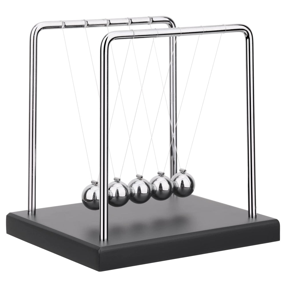 QLKUNLA Newtons Cradle balance balls on a sleek desk demonstrating momentum transfer