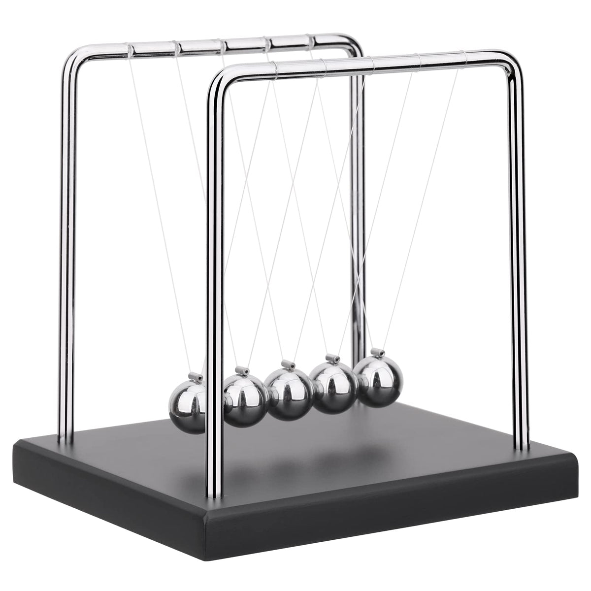 QLKUNLA Newtons Cradle balance balls on a sleek desk demonstrating momentum transfer