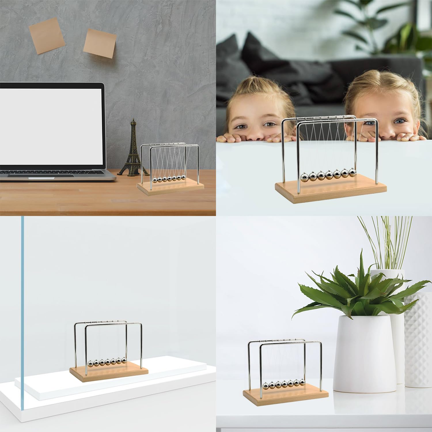 QLKUNLA Newtons Cradle side view highlighting beech wood frame and smooth motion for desk decor and focus.