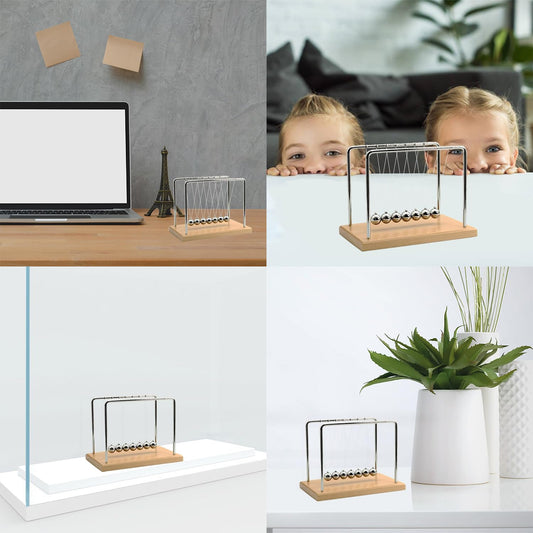 QLKUNLA Newtons Cradle side view highlighting beech wood frame and smooth motion for desk decor and focus.