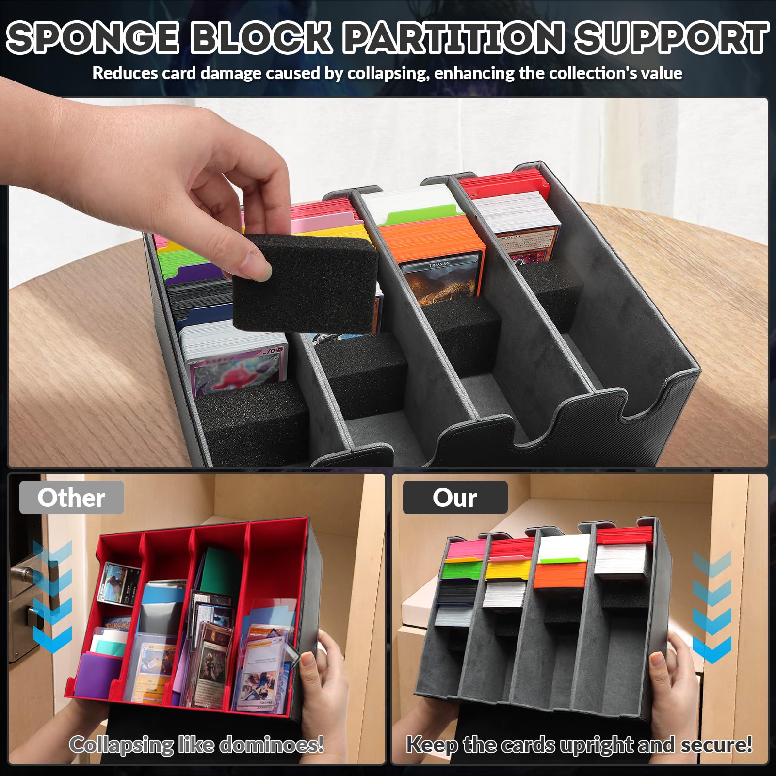 QLOUNI four foam stoppers keep cards upright when the box is not full.