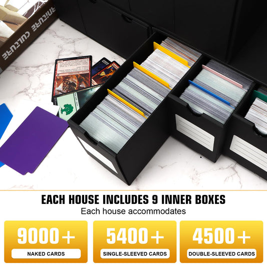 QLOUNI storage box interior setup shows organized 600+ sleeved cards layout