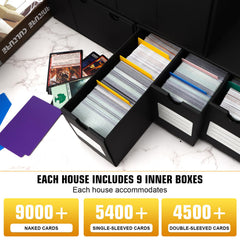 QLOUNI storage box interior setup shows organized 600+ sleeved cards layout