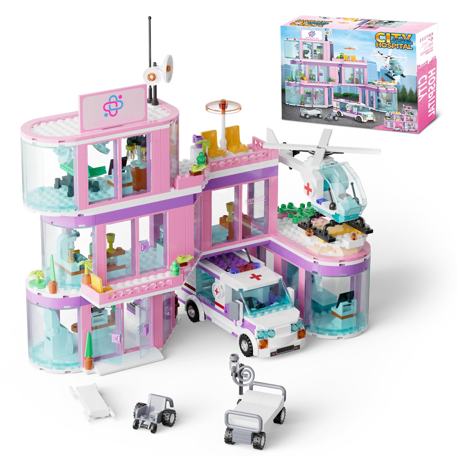 QLT QIAOLETONG ambulance truck with hospital bed playset for imaginative care scenes.