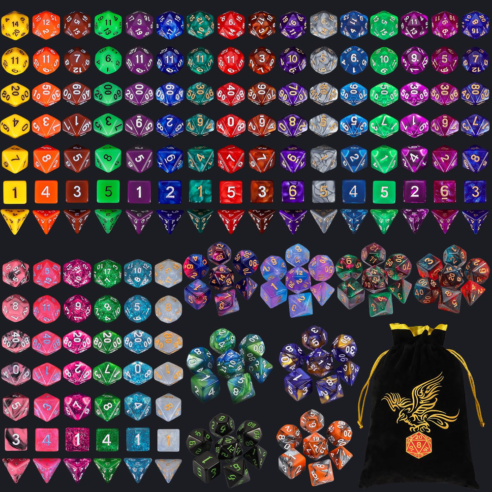 QMay polyhedral dice set displayed, ideal for RPG sessions.