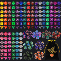 QMay polyhedral dice set displayed, ideal for RPG sessions.