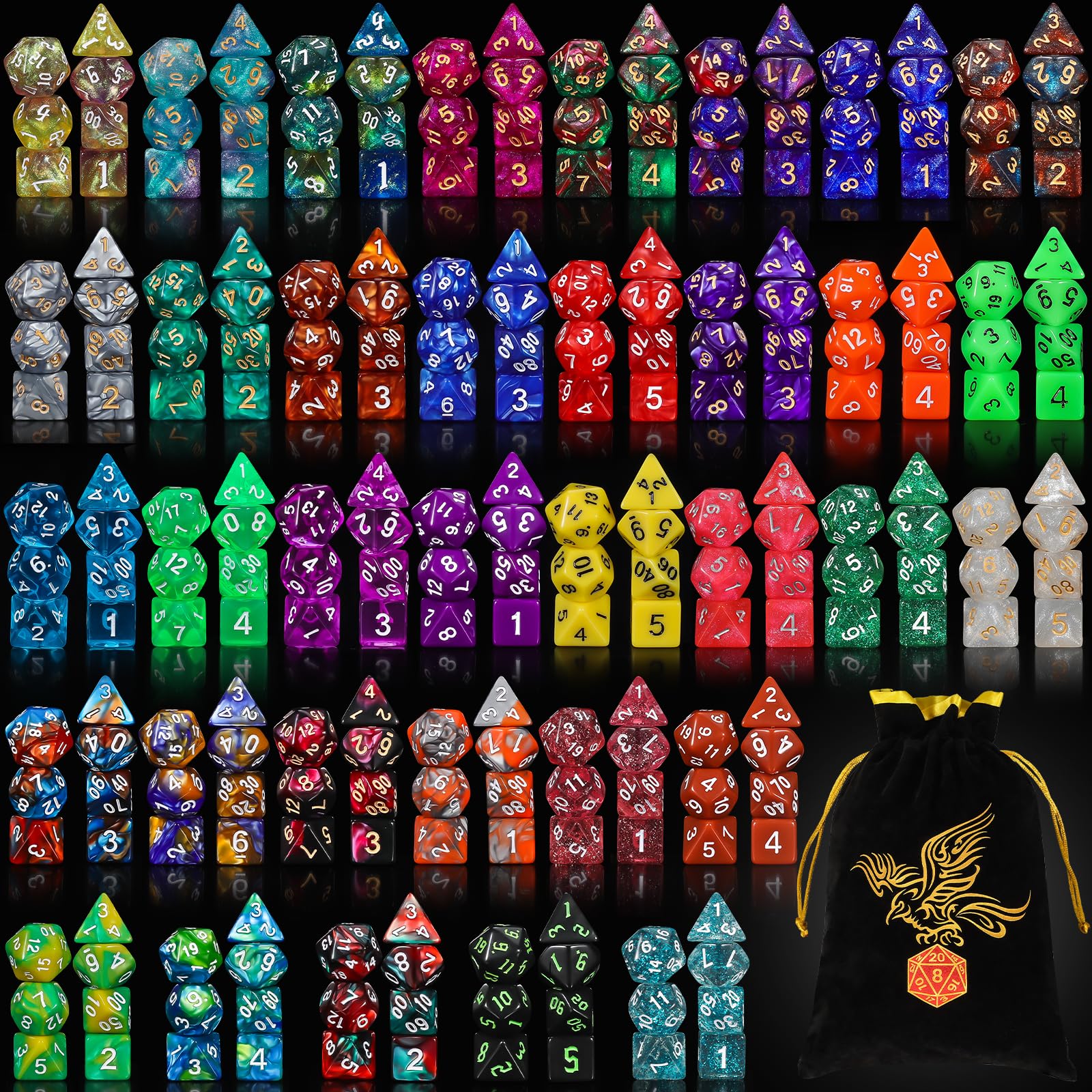 QMay 35-set polyhedral dice arranged for vibrant tabletop gaming sessions