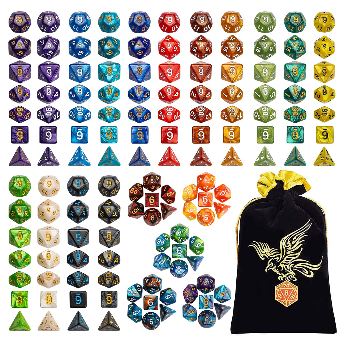 QMay DND Dice Set 20x7 pack front view, ideal for ready-to-play tabletop adventures.