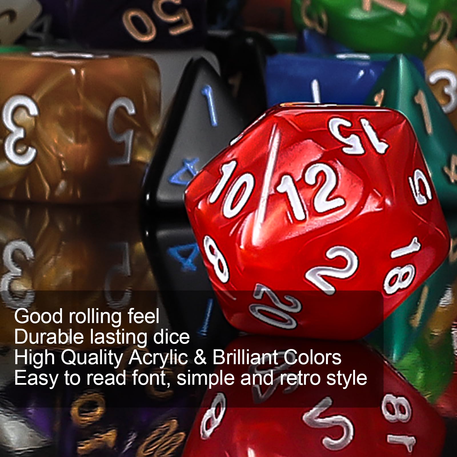 QMay DND Dice Set double-color dice arrangement highlights visual diversity for campaigns.