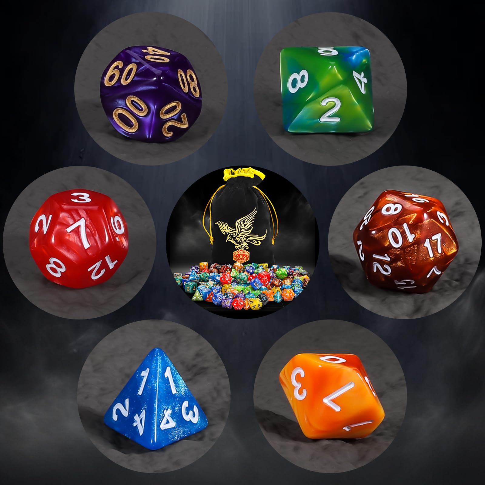 QMay DND Dice Set polyhedral dice closeup showcasing bright color variety.