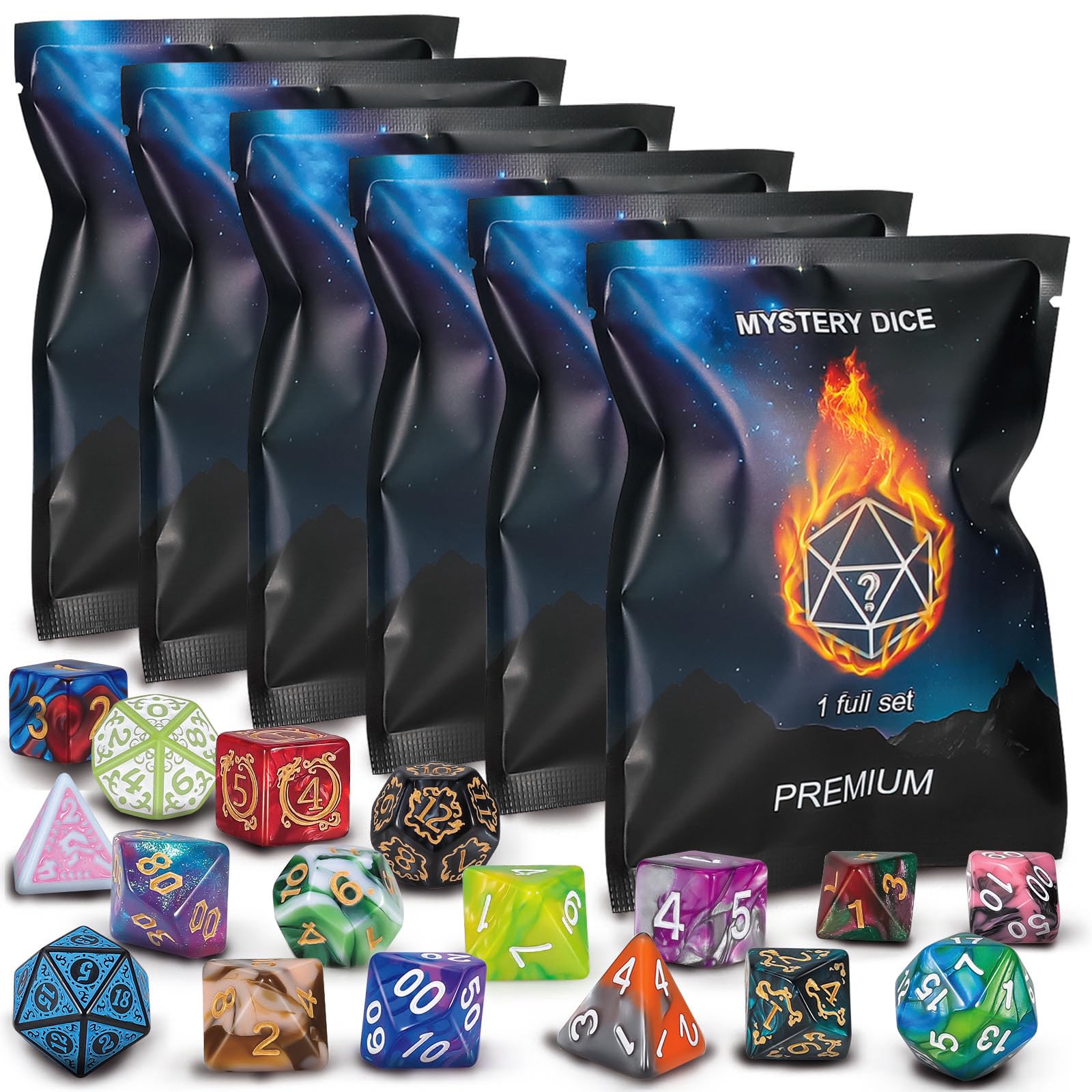 QMay polyhedral dice 48pcs mystery set with varied RPG-friendly styles.